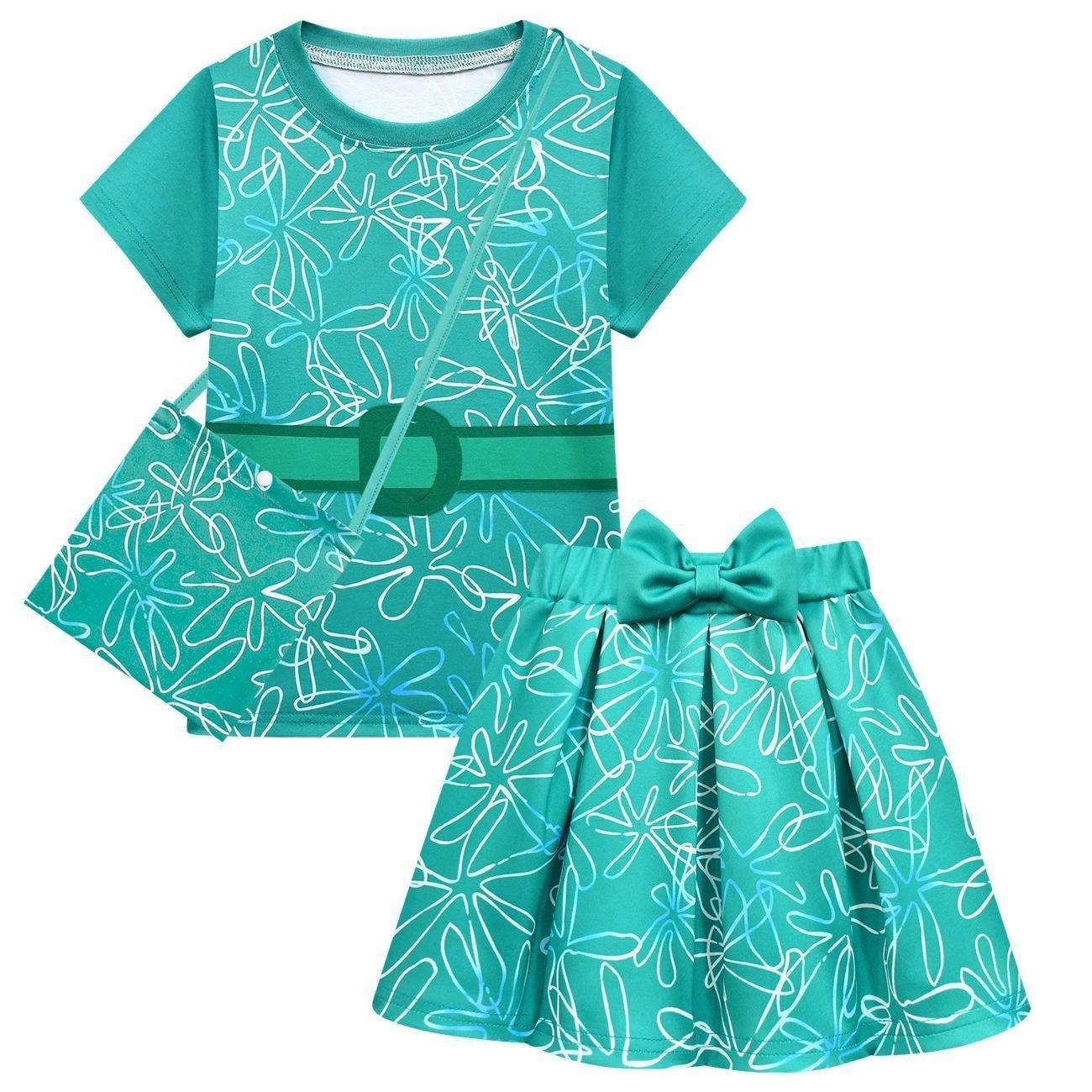 Kids' Inside Out Disgust Cosplay Costume Set Short Sleeve Pleated Dress with Bag - Azufun