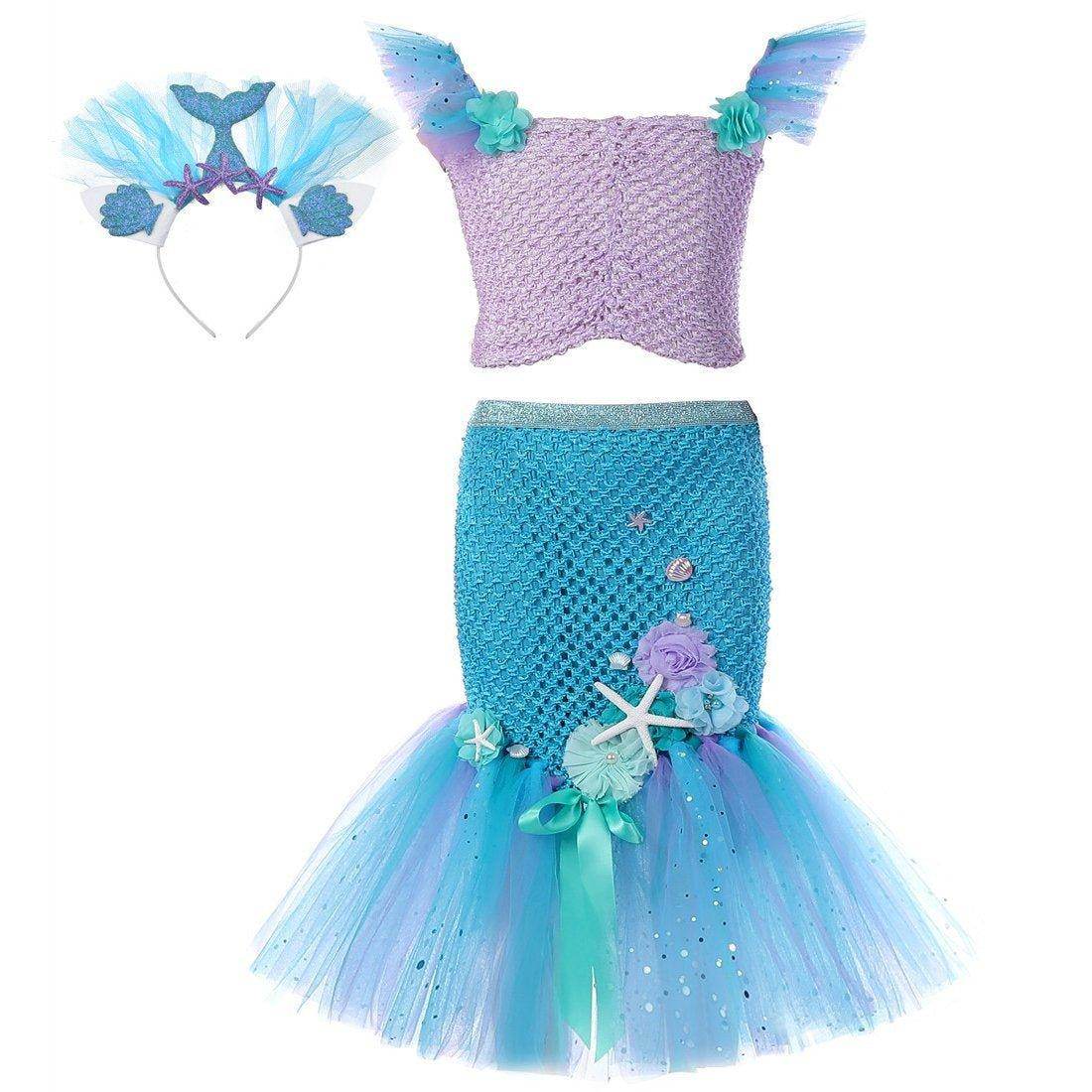 Mermaid Princess Costume Kids Girls Cosplay Party Tutu Dress Halloween Outfit - Azufun