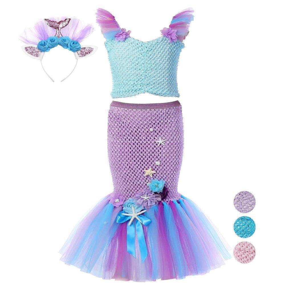 Mermaid Princess Costume Kids Girls Cosplay Party Tutu Dress Halloween Outfit - Azufun