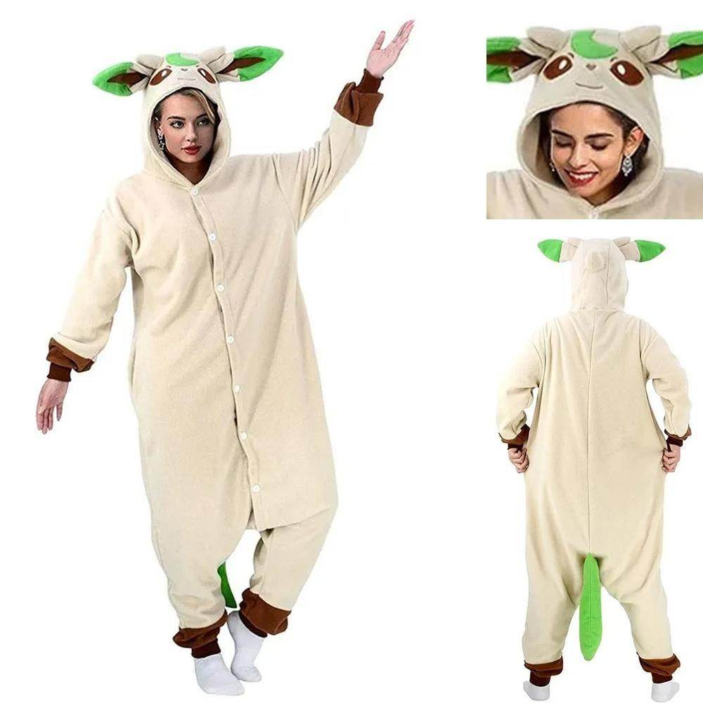 Pokemon Leafeon Kigurumi Onesies Costume Cozy Cartoon Fleece Pajamas - Azufun