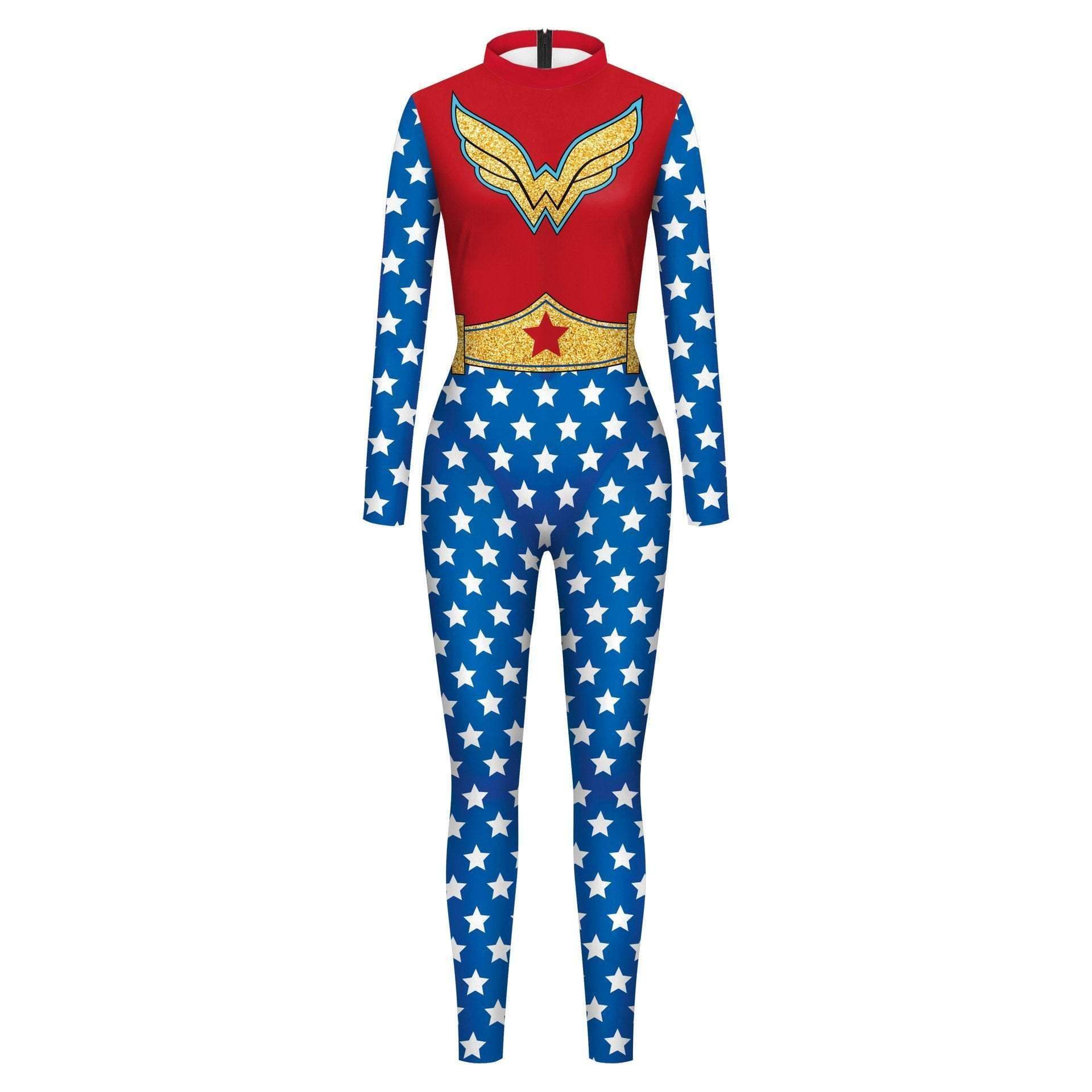 Superhero Wonder Woman Cosplay Costume Halloween Printed Jumpsuit Slim Fit Long Sleeve Party Outfit for Women - Azufun