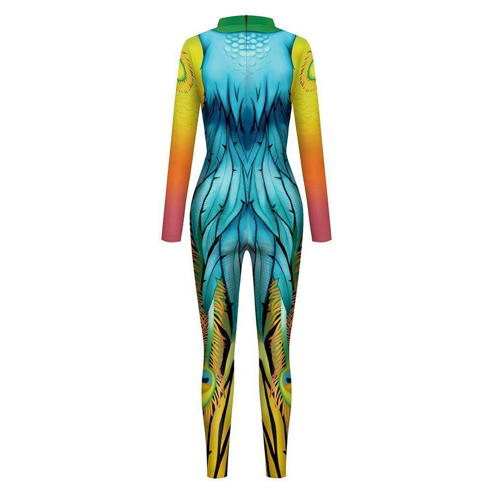 Womens Halloween Costumes Cosplay Peacock Print Jumpsuit Slim Fit Long Sleeve Catsuit Party Outfit - Azufun
