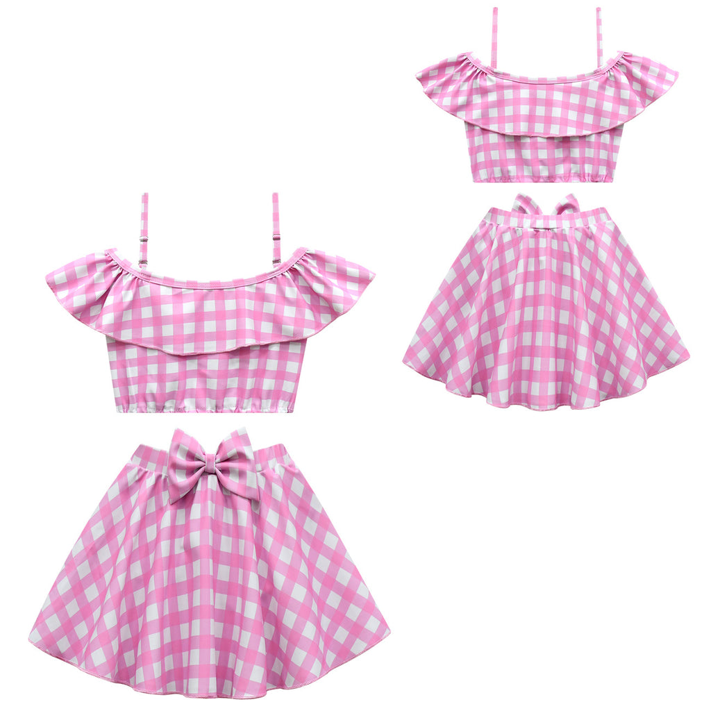 2023 Barbie Movie Margot Robbie Barbie Plaid Kids Swimsuit Outfits Cosplay Costume