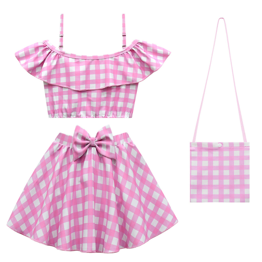 2023 Barbie Movie Margot Robbie Barbie Plaid Kids Swimsuit Outfits Cosplay Costume