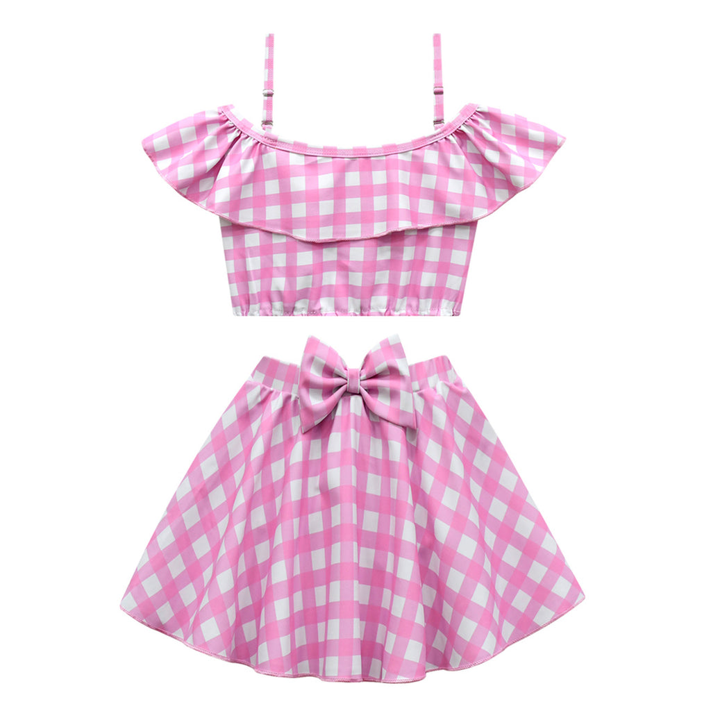 2023 Barbie Movie Margot Robbie Barbie Plaid Kids Swimsuit Outfits Cosplay Costume