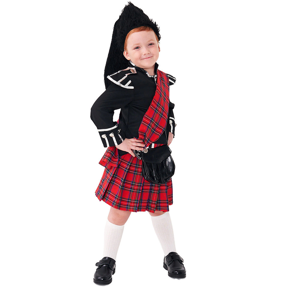 Scottish Red Tartan Honor Guard Children Halloween carnival costume for kids