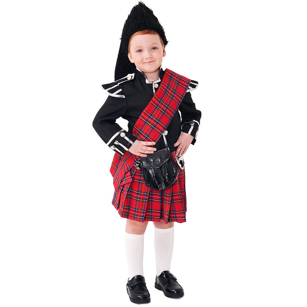 Scottish Red Tartan Honor Guard Children Halloween carnival costume for kids