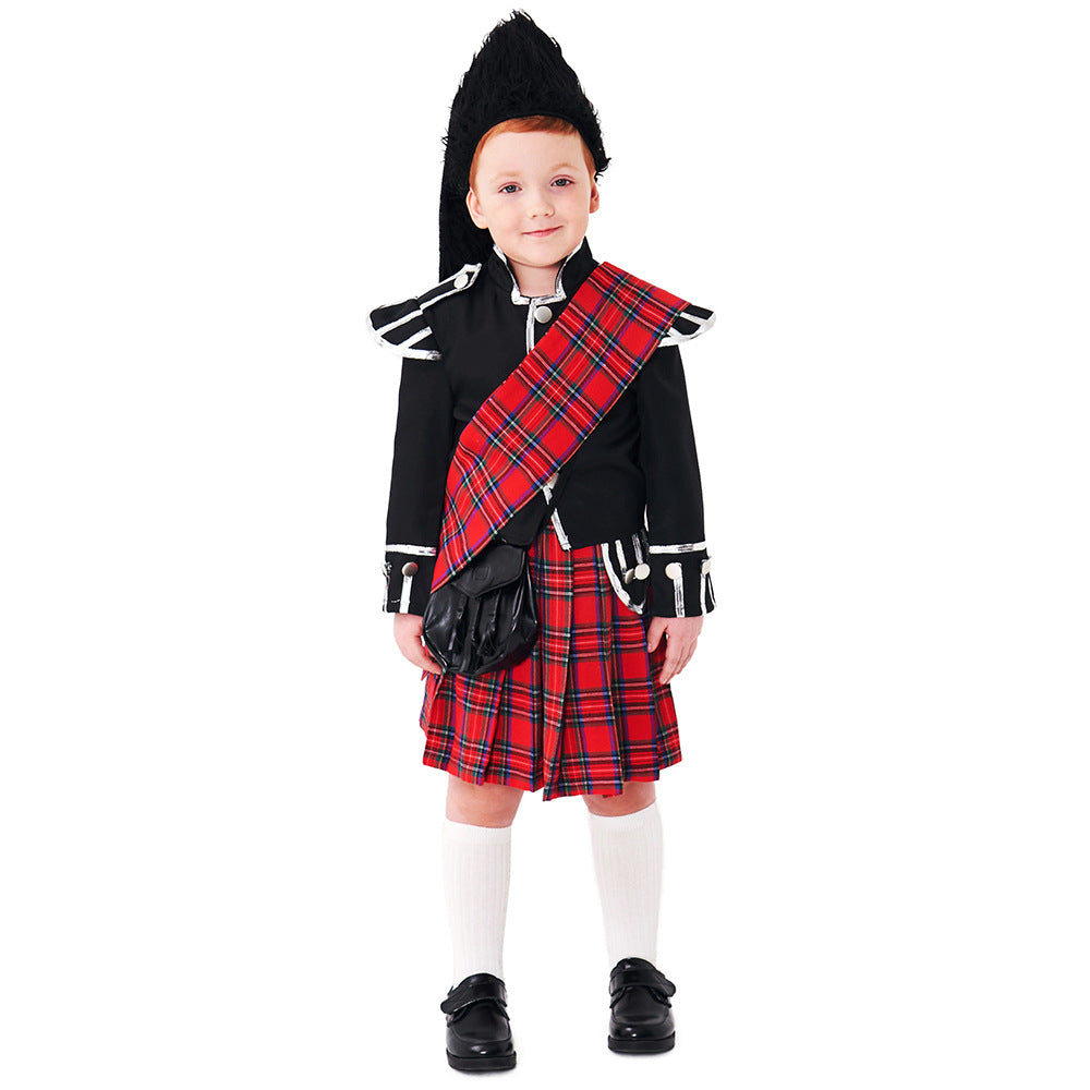Scottish Red Tartan Honor Guard Children Halloween carnival costume for kids