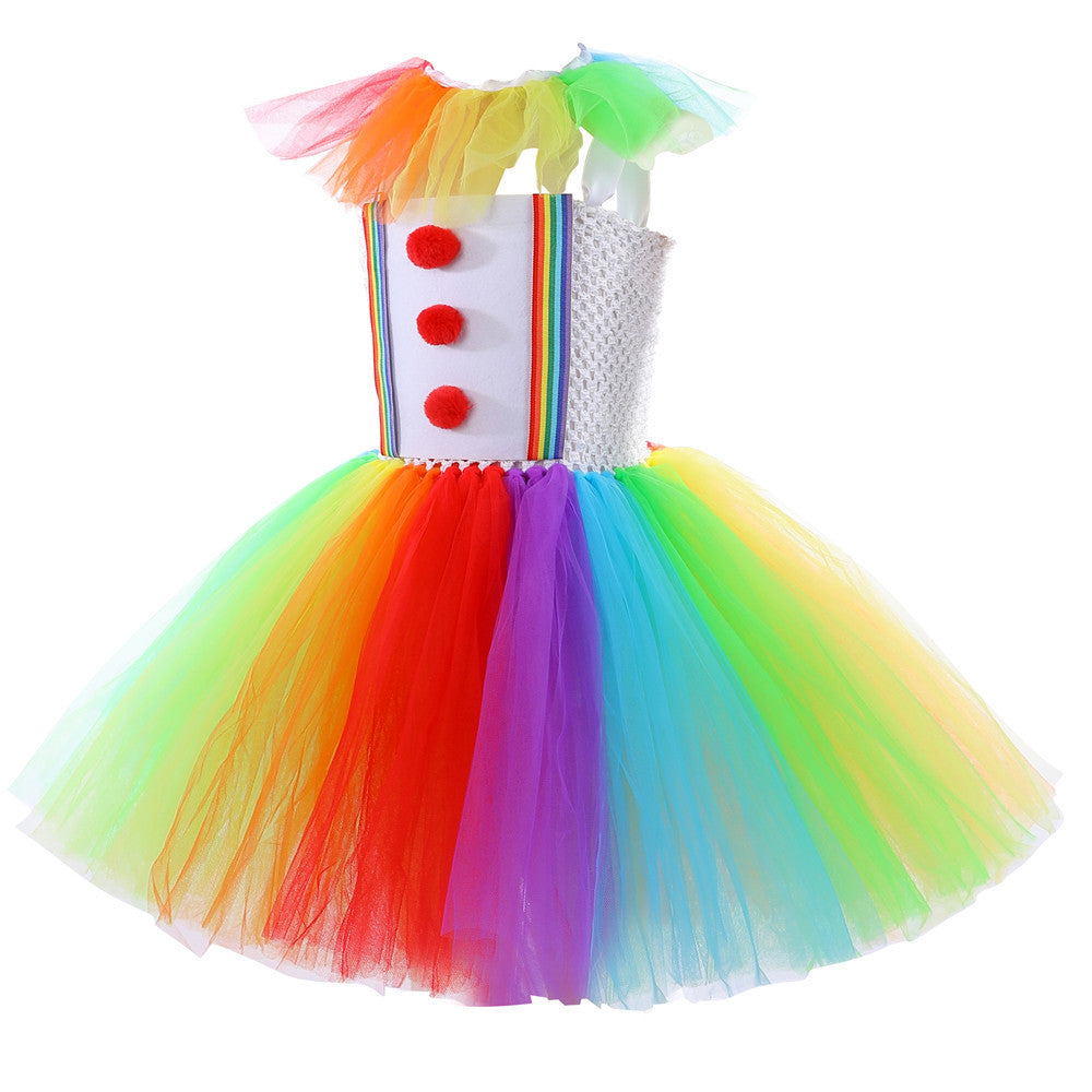 Girls' Clown Flower Princess Sleeve Tutu Dress Embroidery Party Bridesmaid Dresses