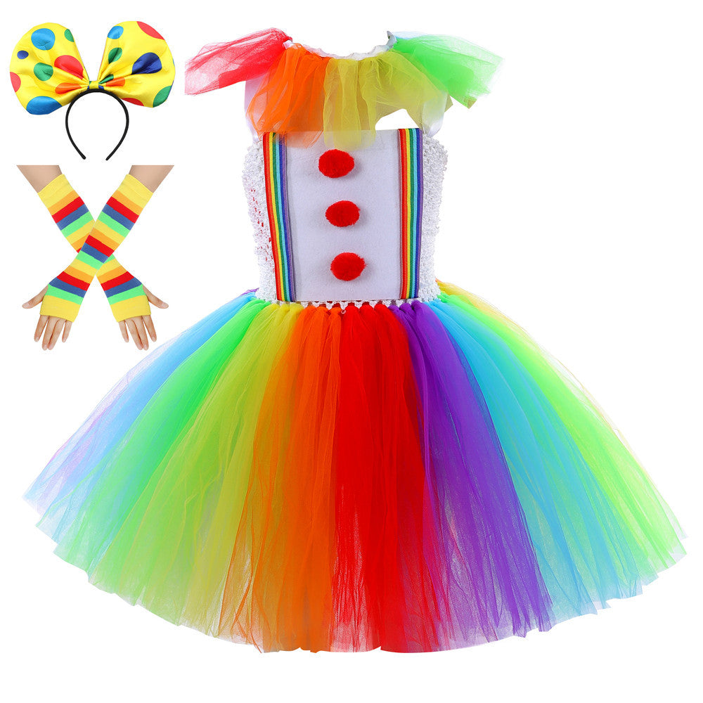 Girls' Clown Flower Princess Sleeve Tutu Dress Embroidery Party Bridesmaid Dresses