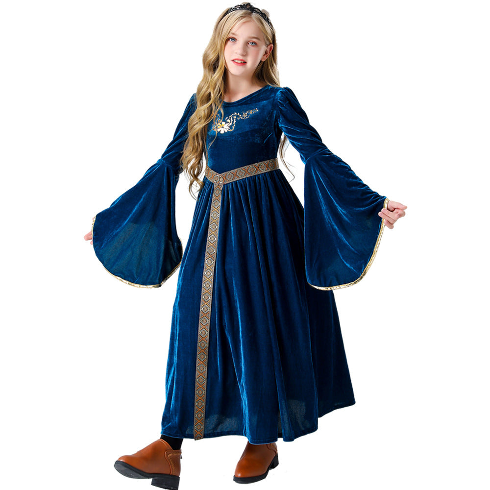 Retro Court Ball Trumpet Sleeves Dress Outfits Halloween Carnival Cosplay Costume For Kids
