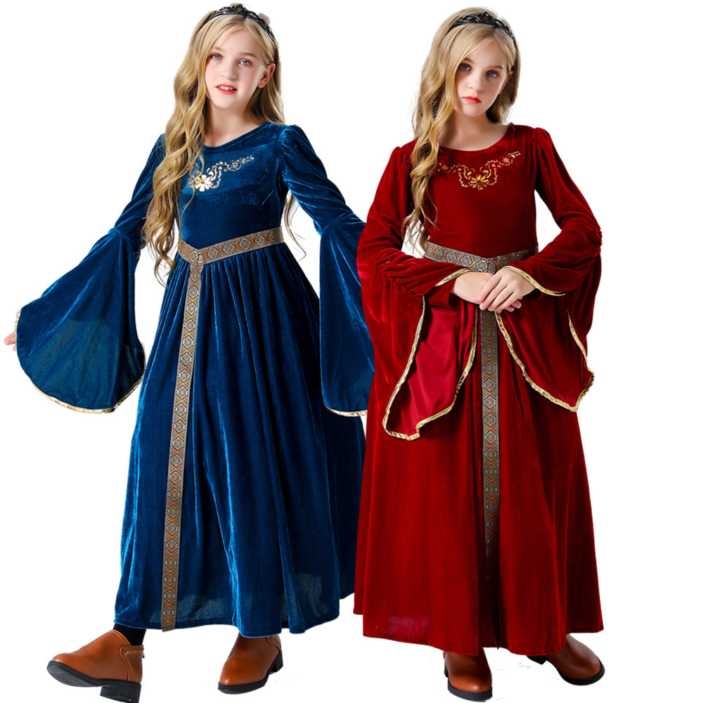 Retro Court Ball Trumpet Sleeves Dress Outfits Halloween Carnival Cosplay Costume For Kids
