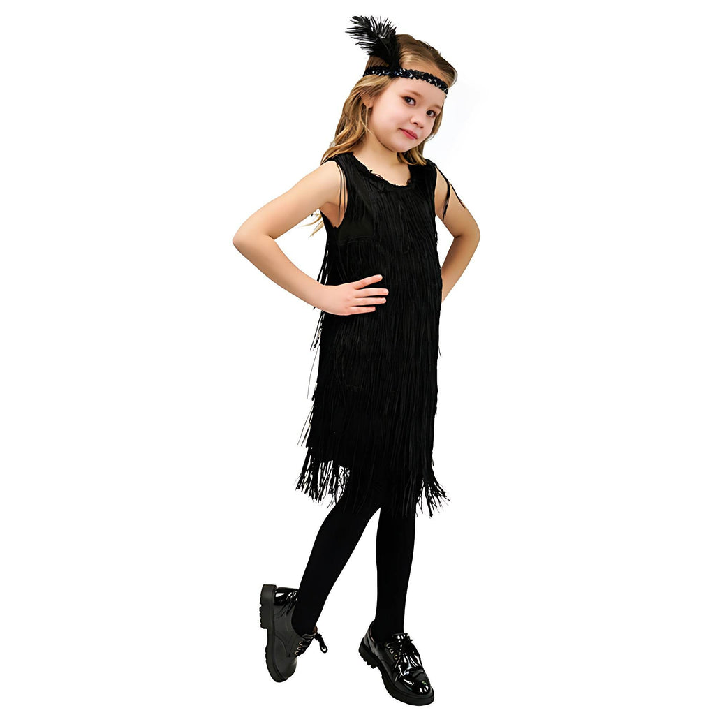 1920s Kids girls Retro Latin dance Party costume tassel Dress - Azufun