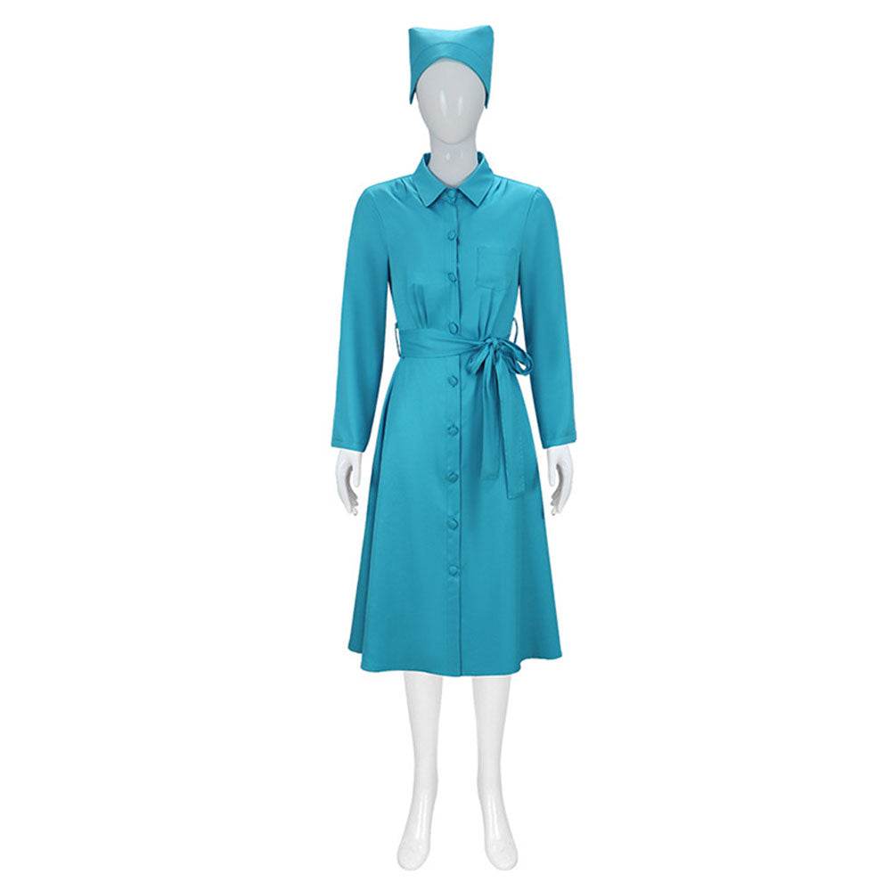 Ratched Cosplay Costume Blue Nurse Dress with Belt and Hat for Halloween - Azufun