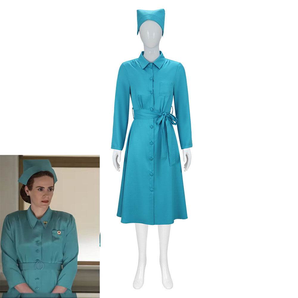 Ratched Cosplay Costume Blue Nurse Dress with Belt and Hat for Halloween - Azufun