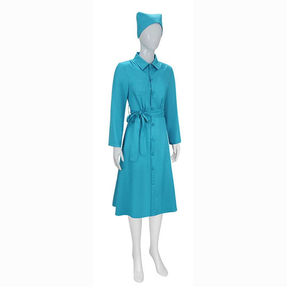 Ratched Cosplay Costume Blue Nurse Dress with Belt and Hat for Halloween - Azufun