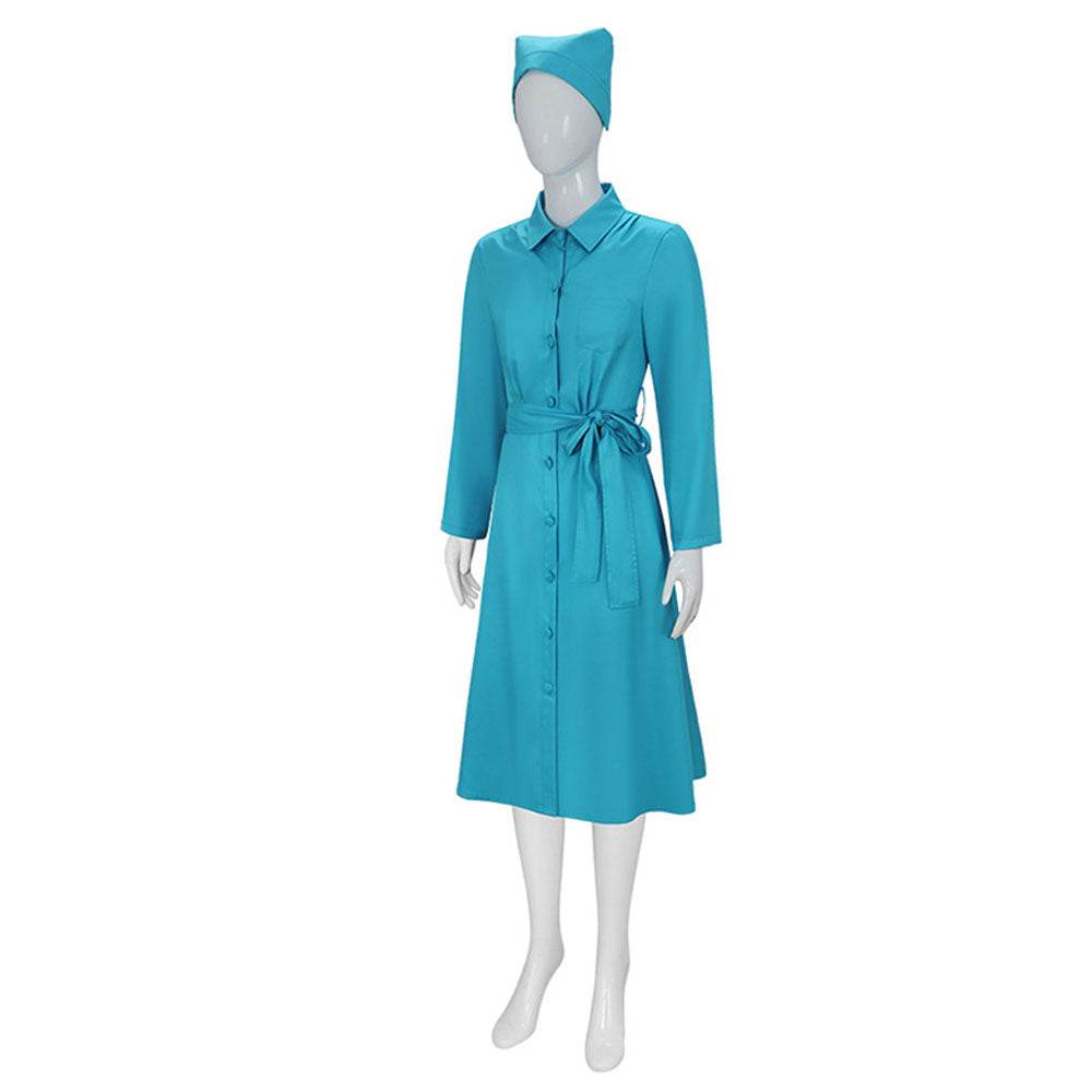 Ratched Cosplay Costume Blue Nurse Dress with Belt and Hat for Halloween - Azufun