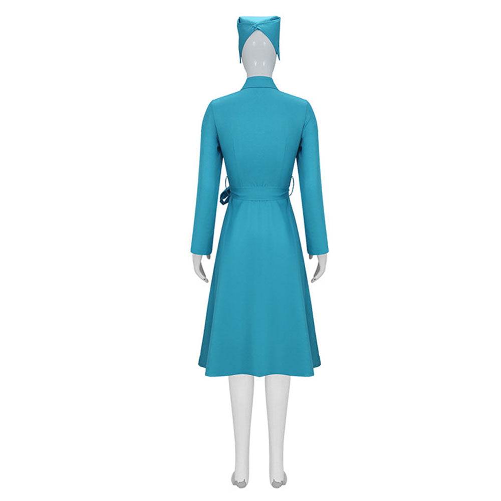 Ratched Cosplay Costume Blue Nurse Dress with Belt and Hat for Halloween - Azufun
