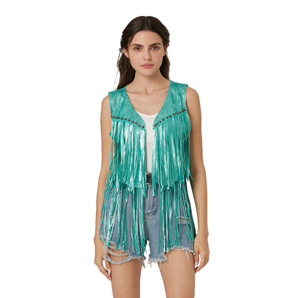 Sleeveless Vest Sequined Vest Western Cowboy Style Cardigan Denim Vest Women - Azufun