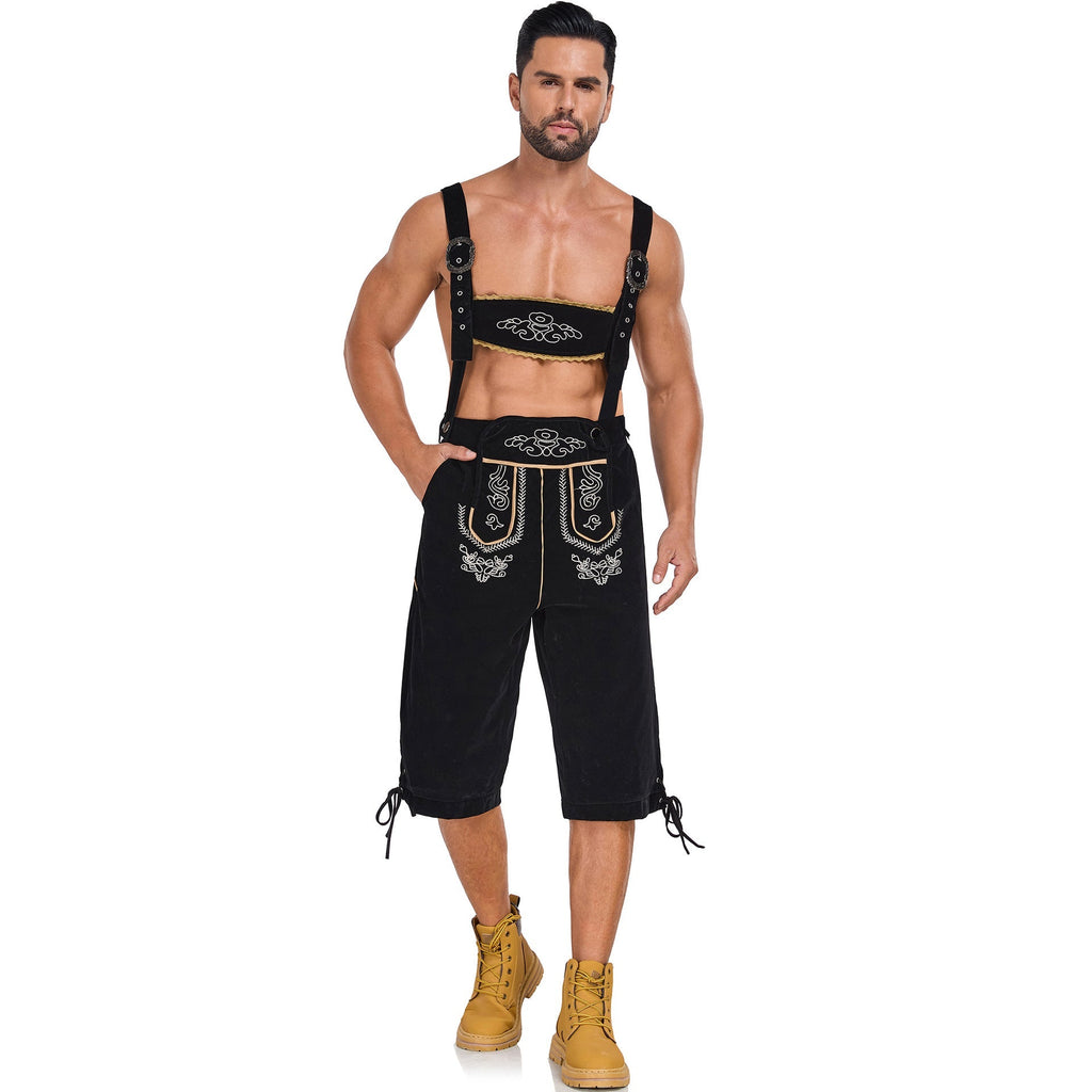 Men's German Bavarian Oktoberfest Costume Velvet Overalls Trousers Halloween - Azufun