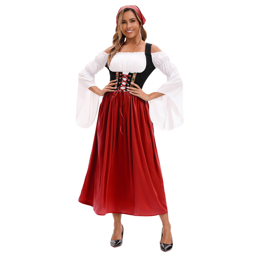 Medieval Farm Maid Oktoberfest Long Dress Costume for Women - Azufun
