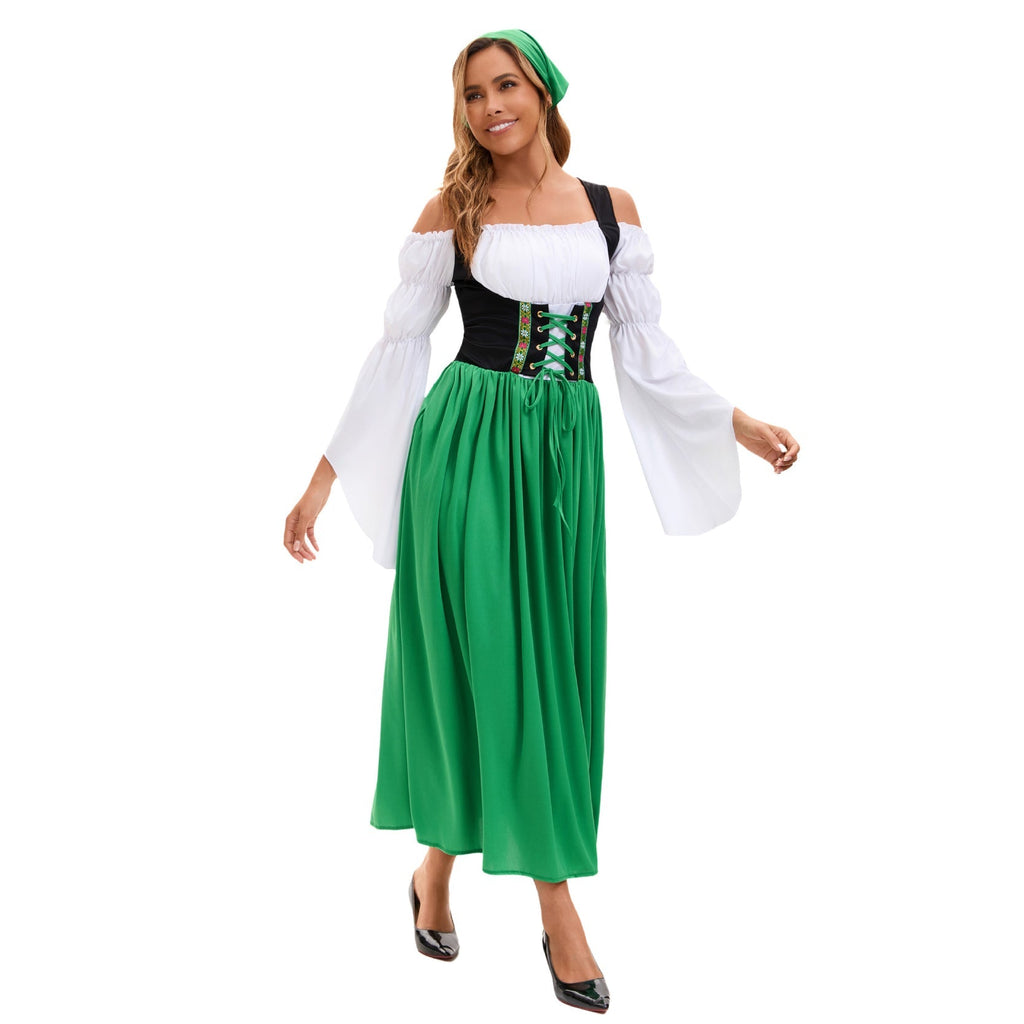 Medieval Farm Maid Oktoberfest Long Dress Costume for Women - Azufun