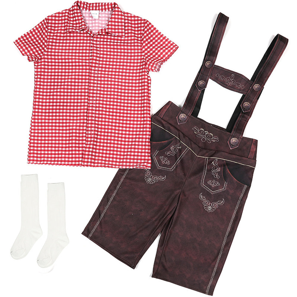 Boy Oktoberfest Costume Set Overalls with plaid shirt socks Halloween - Azufun