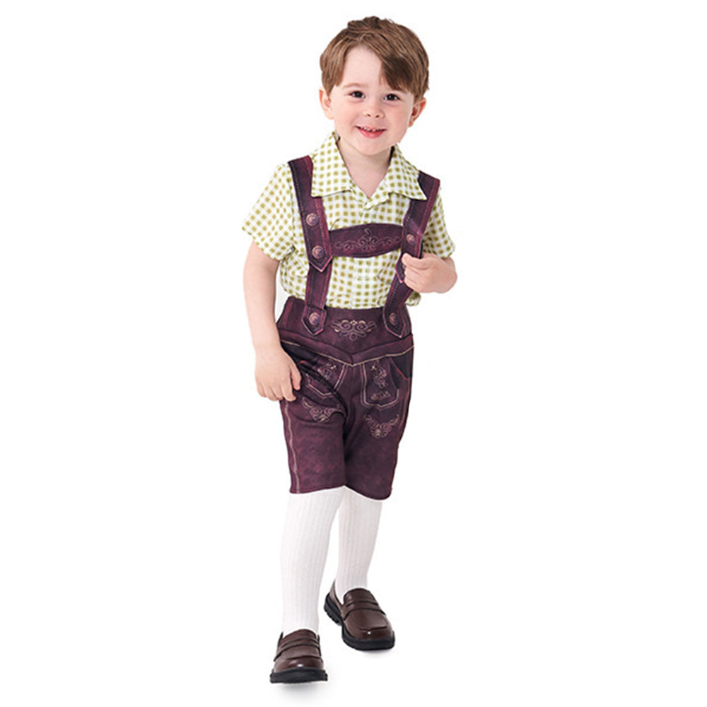 Boy Oktoberfest Costume Set Overalls with plaid shirt socks Halloween - Azufun