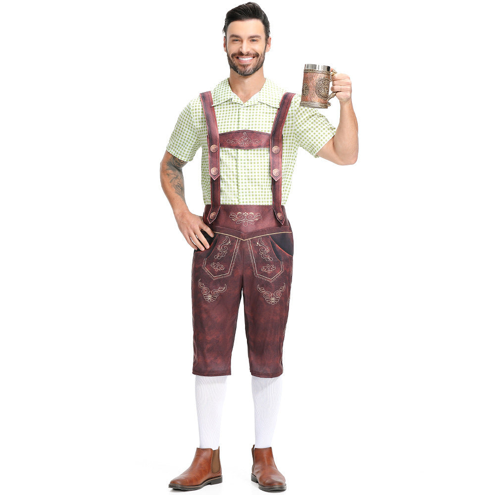 Men's Bavarian Lederhosen Oktoberfest Overalls Plaid Shirt Costume - Azufun