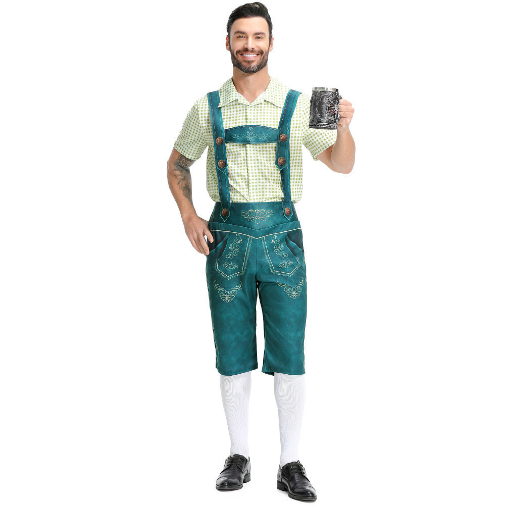 Men's Bavarian Lederhosen Oktoberfest Overalls Plaid Shirt Costume - Azufun