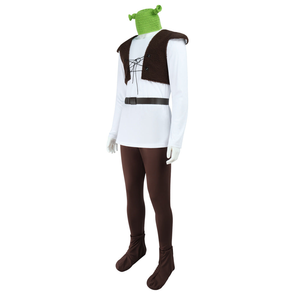 Shrek Green Monster Cosplay Mens Costume Halloween Full fleece Vest Outfit Set - Azufun