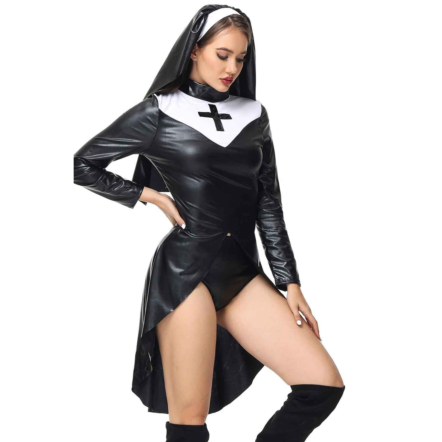 PU Leather Punk Nun Costume for Women Halloween