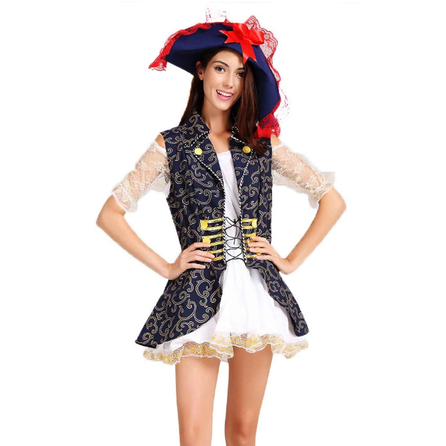 Blue Pattern Pirate Uniform Costume For Party Women Halloween