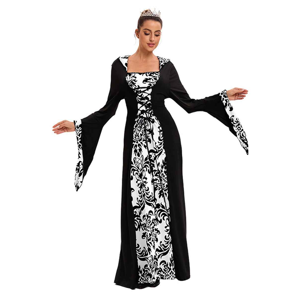 Medieval Hooded Swing Dress Costume Printed Retro Long Sleeves