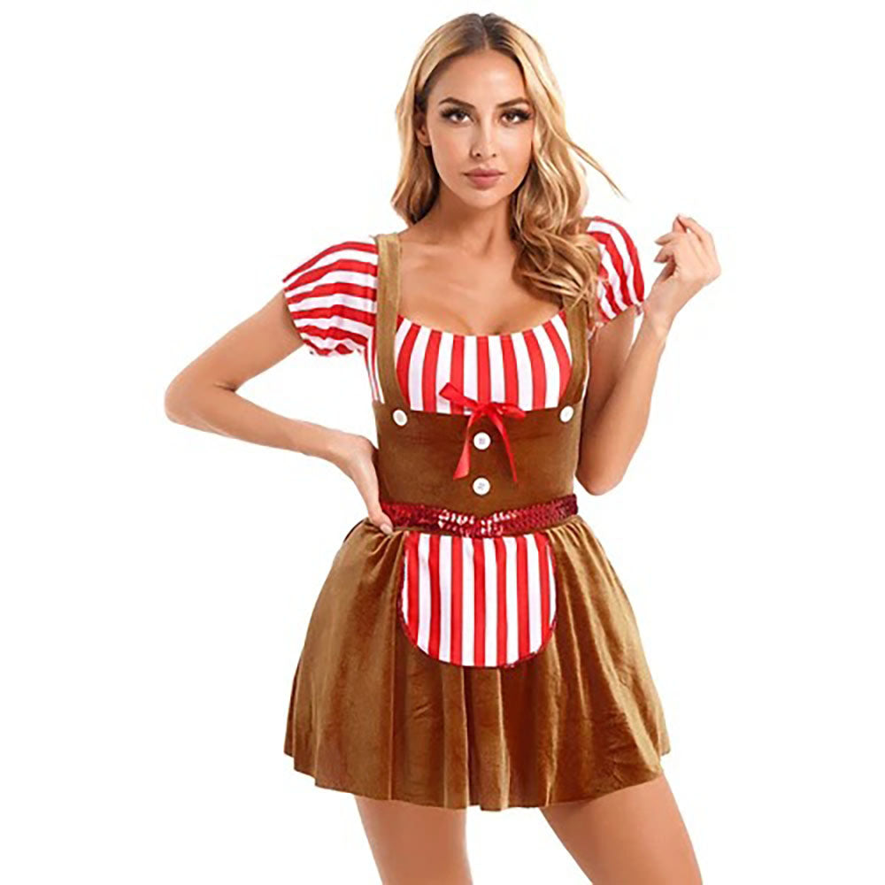 Women Gingerbread Costume Stripes Print Christmas Dance Dress