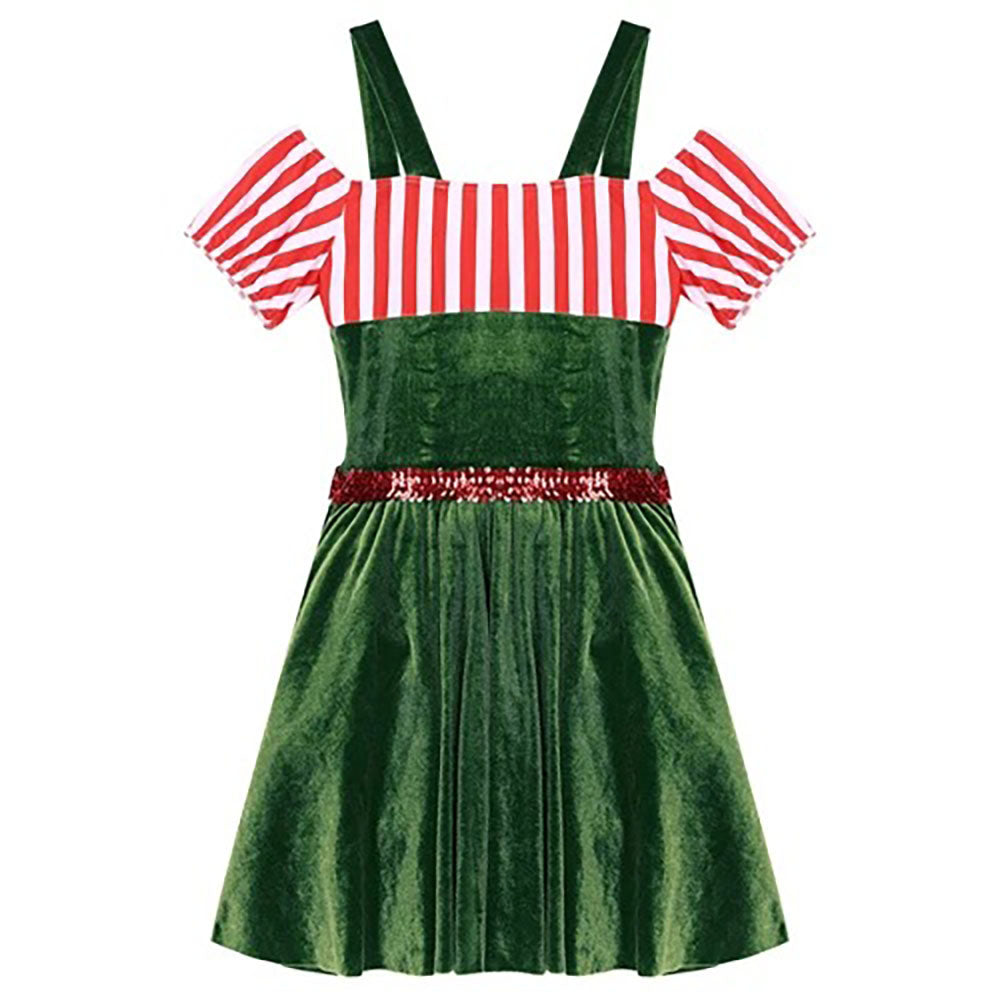 Women Gingerbread Costume Stripes Print Christmas Dance Dress
