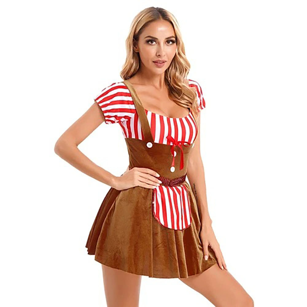Women Gingerbread Costume Stripes Print Christmas Dance Dress