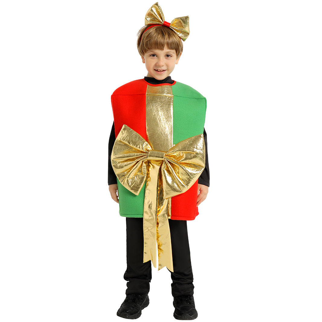 Christmas Present Costume Kids Gold Ribbon Gift Box Costume Vest