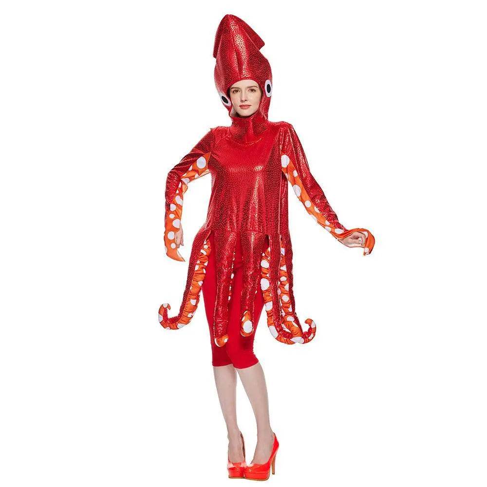 Adult Spoof Squid Costume Red Leggings Jumpsuit Funny Novelty Halloween Cosplay Costume - Azufun