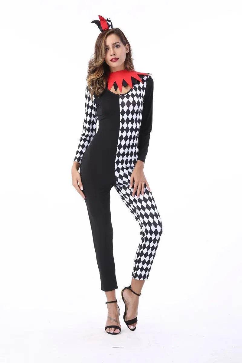 Adult Women Circus Clown Harlequin Jester Halloween Costume Jumpsuit - Azufun