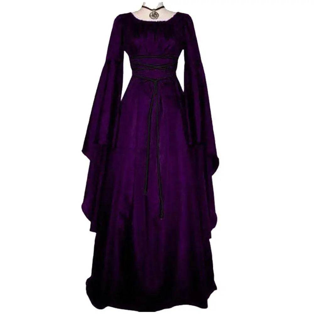 Antique solid color Halloween witch long sleeve dress - Azufun