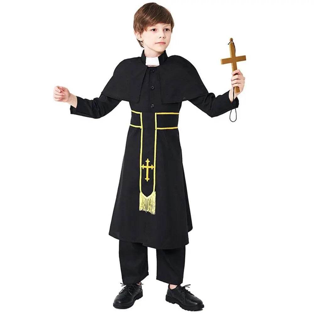Black Robed Priest Halloween Outfits Carnival Cosplay Costume For Kids - Azufun