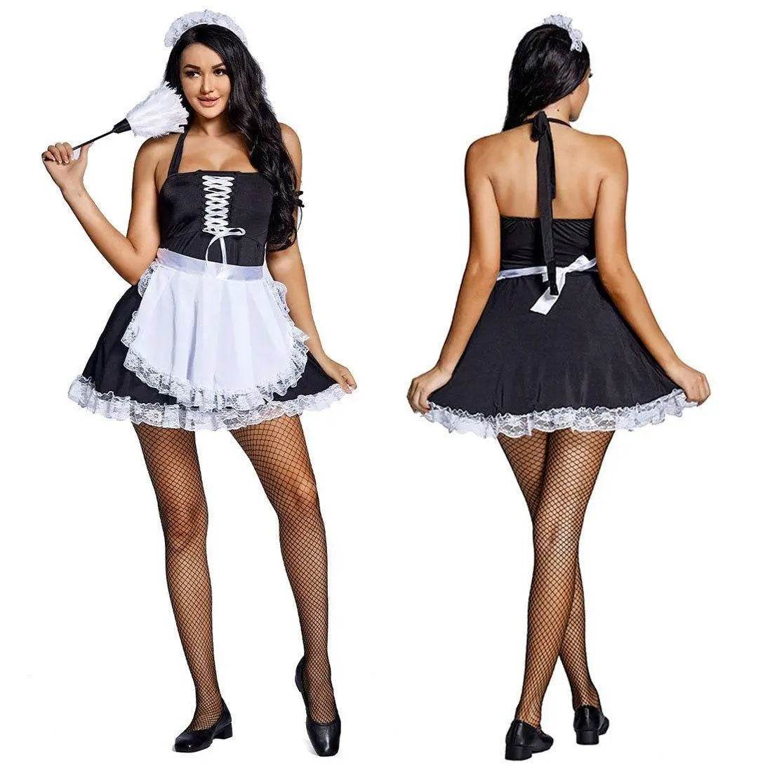 Black and white suspenders Japanese style maid Costume work clothes housekeeper lace short skirt - Azufun