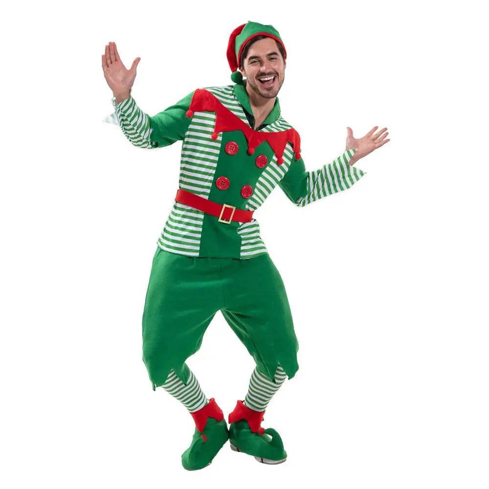 Christmas Elf Adult Men Costume with Elf Hat Stripes Design for Christmas Parties - Azufun