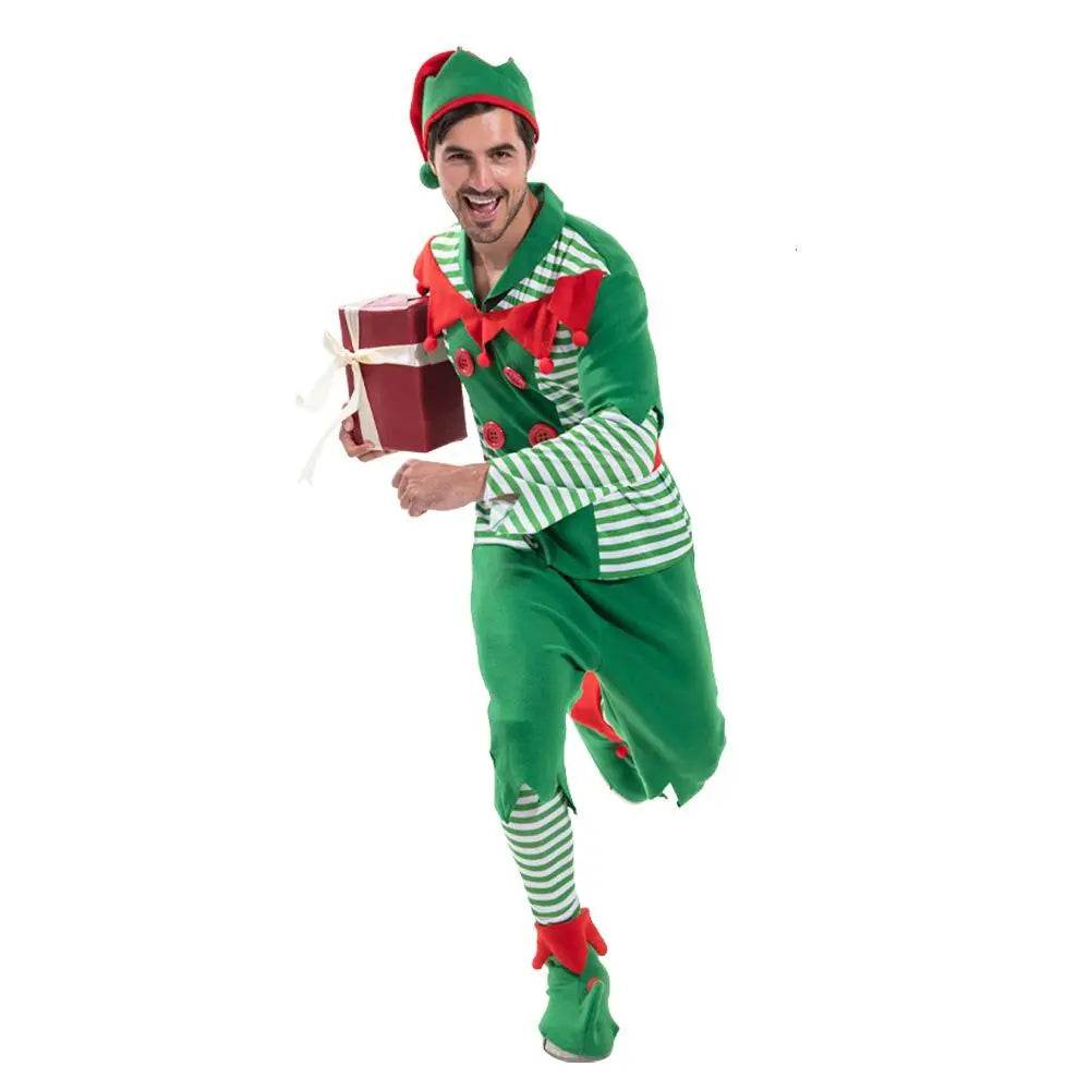 Christmas Elf Adult Men Costume with Elf Hat Stripes Design for Christmas Parties - Azufun