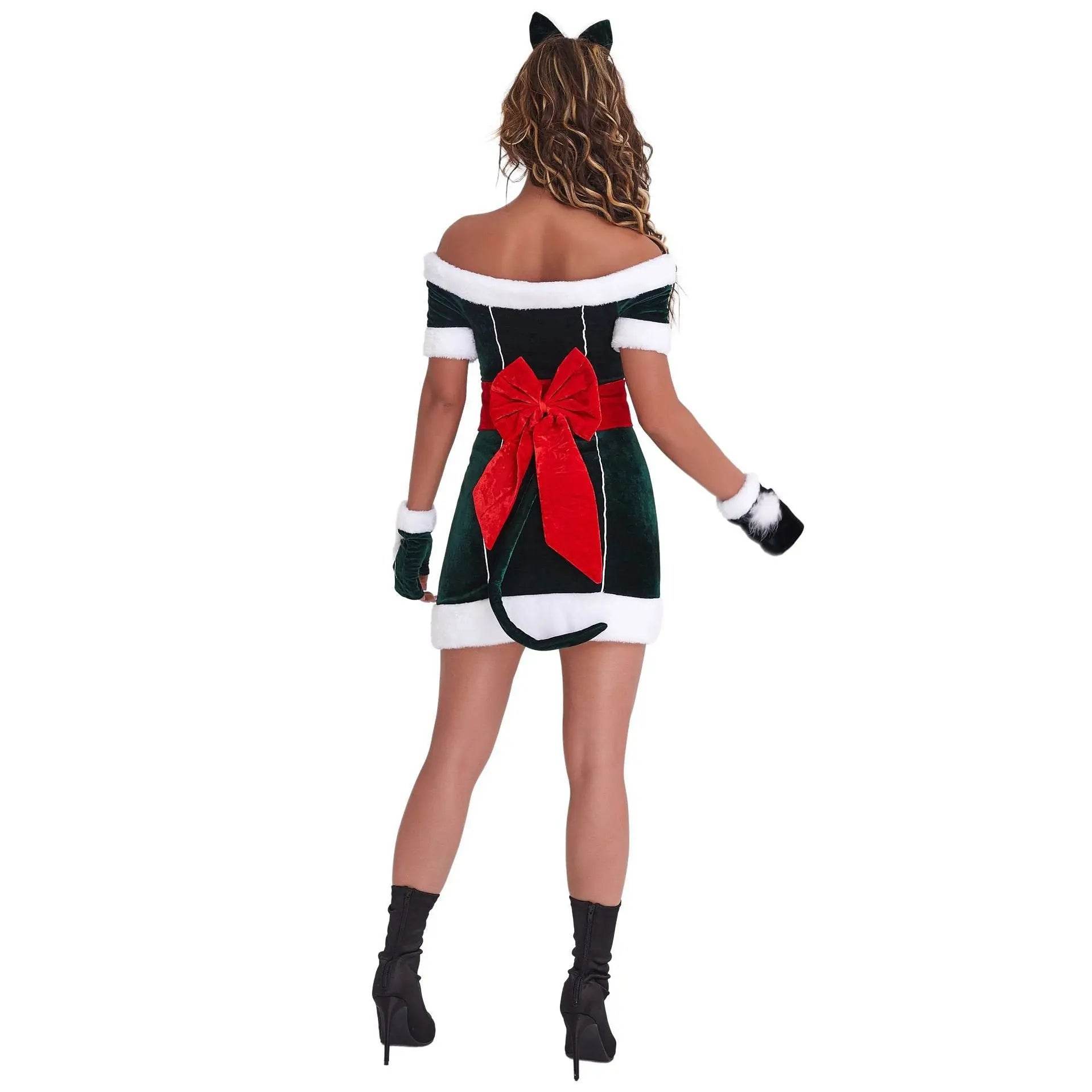 Christmas Off Shoulder Cute Cat Costumes Party Dress - Azufun