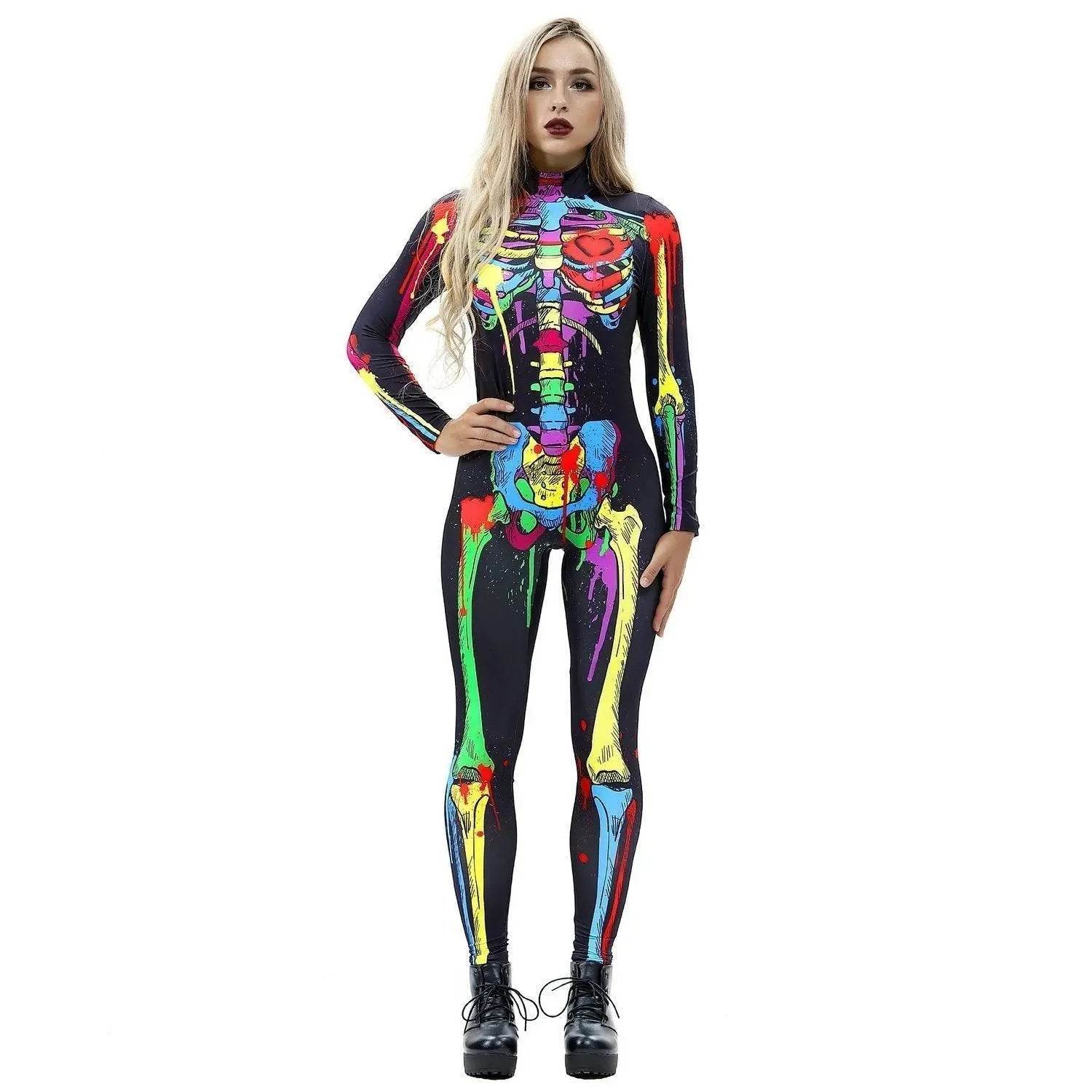 Coloful Skull Halloween Cosplay Costume Bodycon Jumpsuit for Women - Azufun