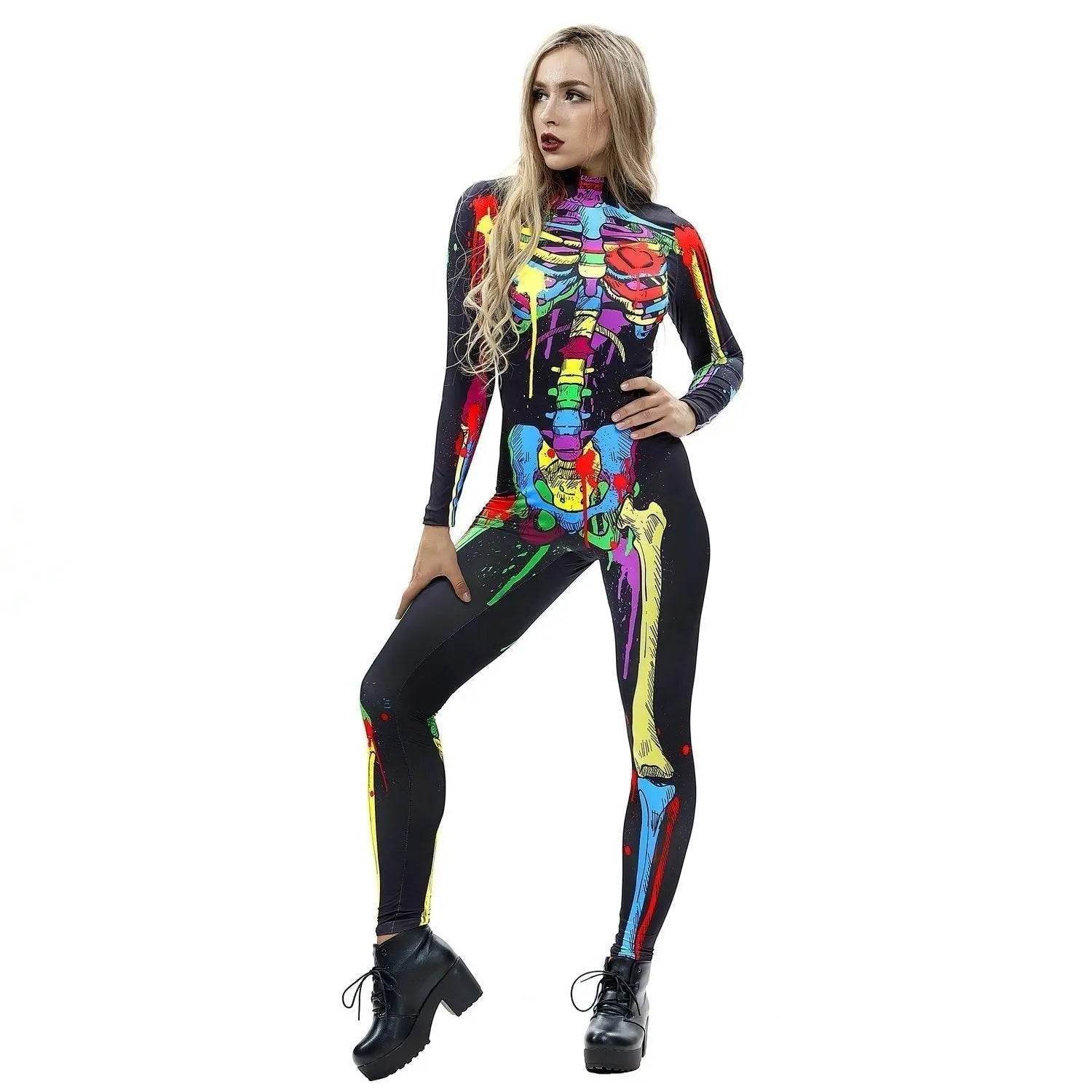 Coloful Skull Halloween Cosplay Costume Bodycon Jumpsuit for Women - Azufun