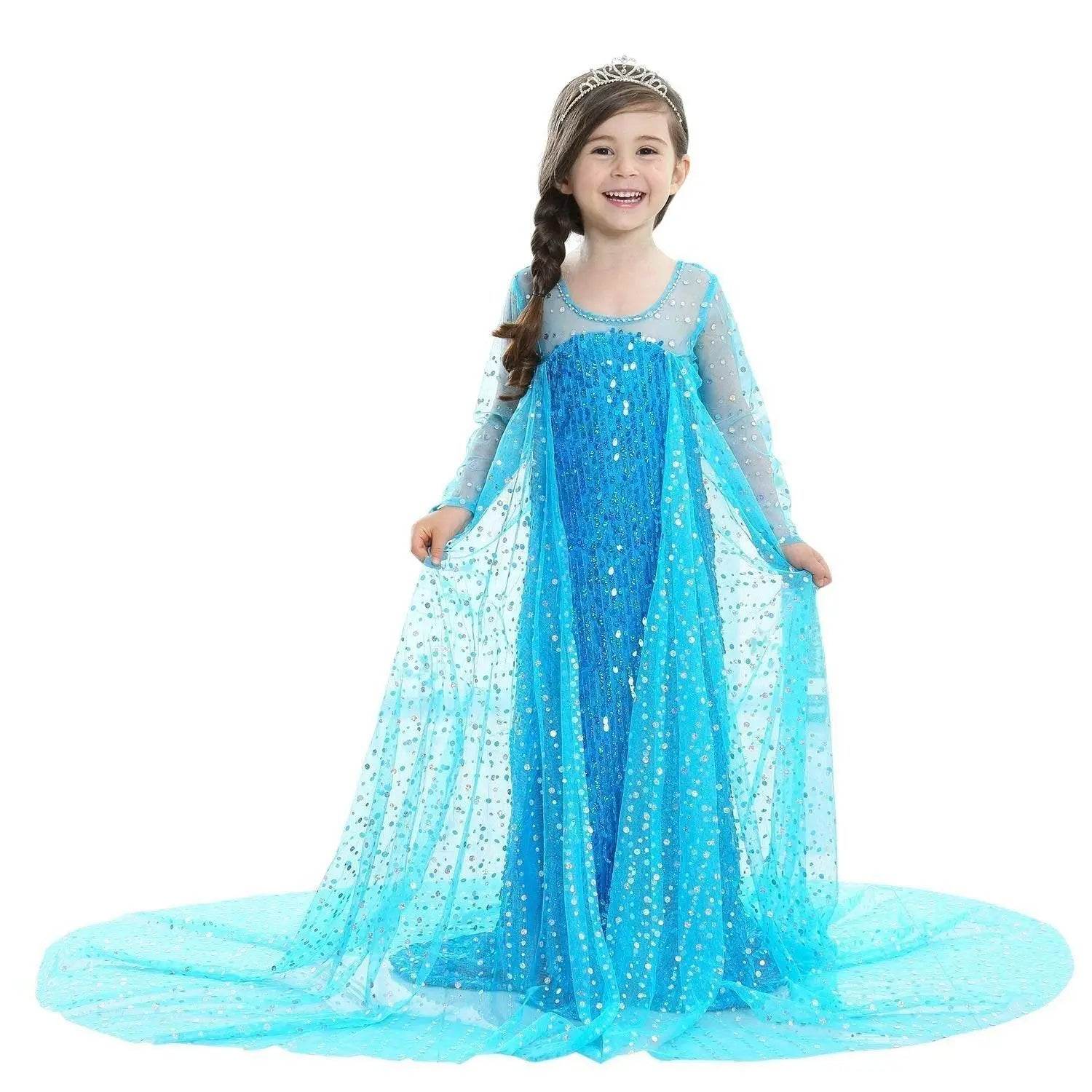 Frozen Elsa Costume Long Sleeve Girl Party Princess Dress - Azufun