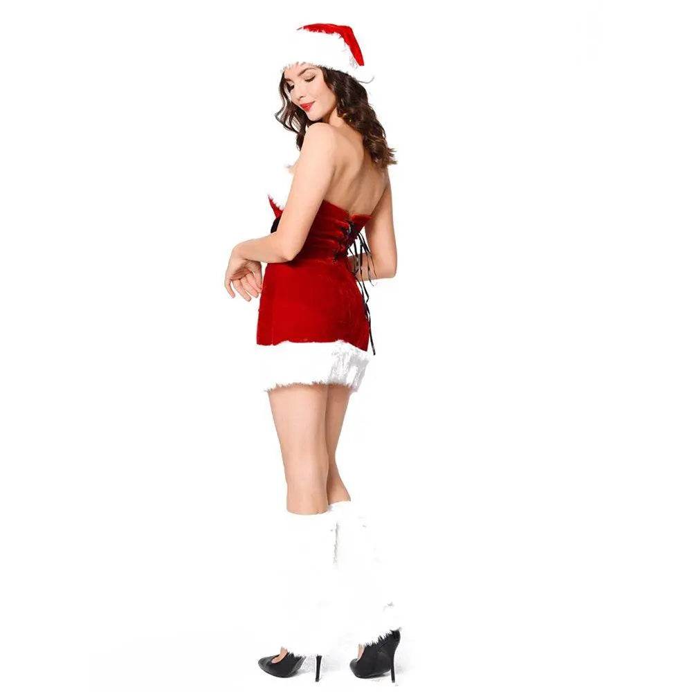 Furry Christmaas Sexy Red Costume Tube Dresses with Chirstmas Hat For Adult - Azufun